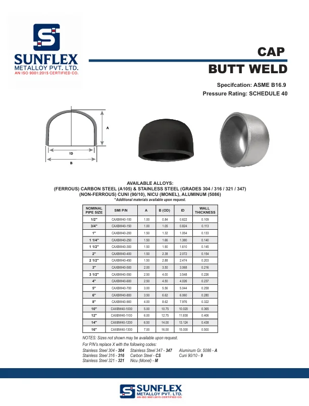 Buttweld Cap Schedule 40